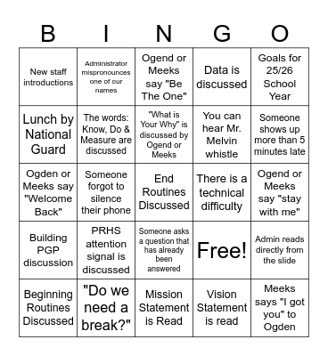 BACK TO SCHOOL PD Bingo Card