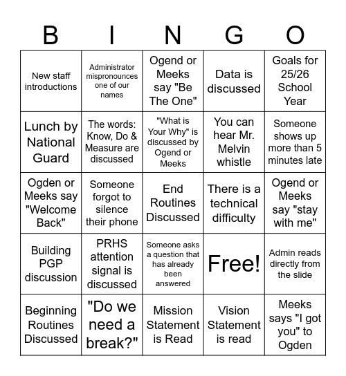 BACK TO SCHOOL PD Bingo Card