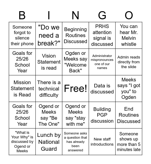 BACK TO SCHOOL PD Bingo Card