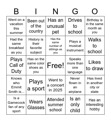 High School Classmate Bingo Card