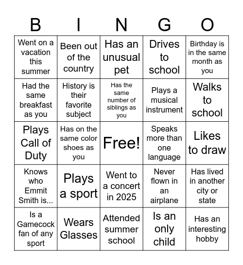 High School Classmate Bingo Card