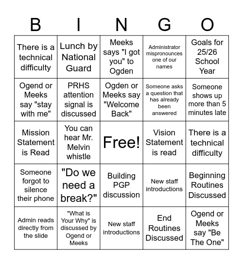 BACK TO SCHOOL PD Bingo Card