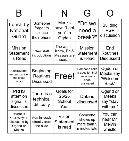 BACK TO SCHOOL PD Bingo Card
