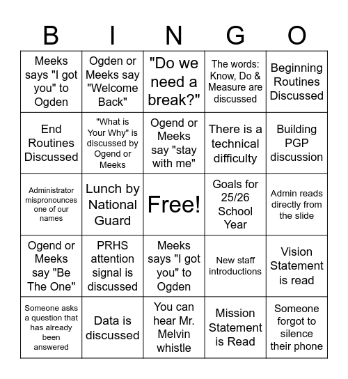 BACK TO SCHOOL PD Bingo Card