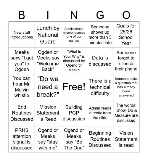 BACK TO SCHOOL PD Bingo Card