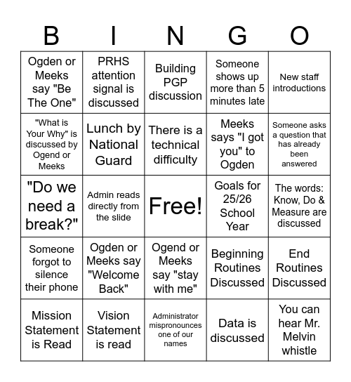 BACK TO SCHOOL PD Bingo Card