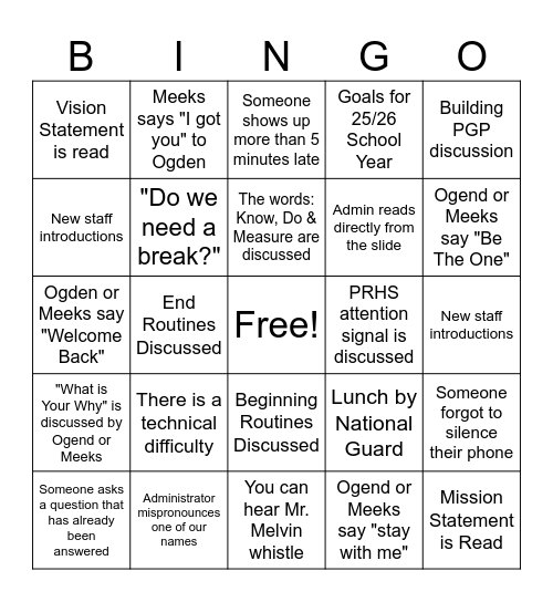 BACK TO SCHOOL PD Bingo Card