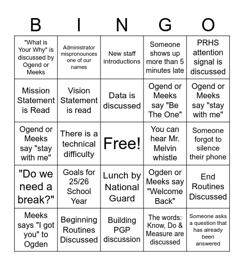 BACK TO SCHOOL PD Bingo Card