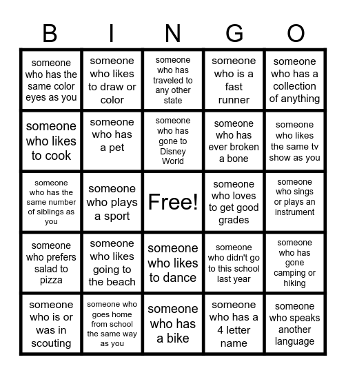Get to Know Your Class Bingo Card
