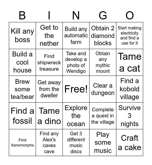 Minecraft Bingo Card