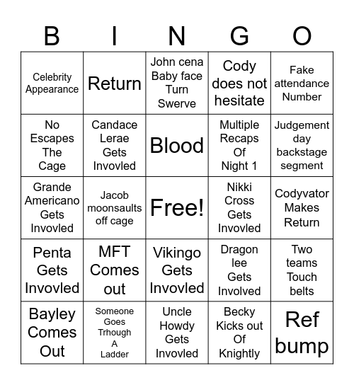 Nick's summerslam night 2 card Bingo Card