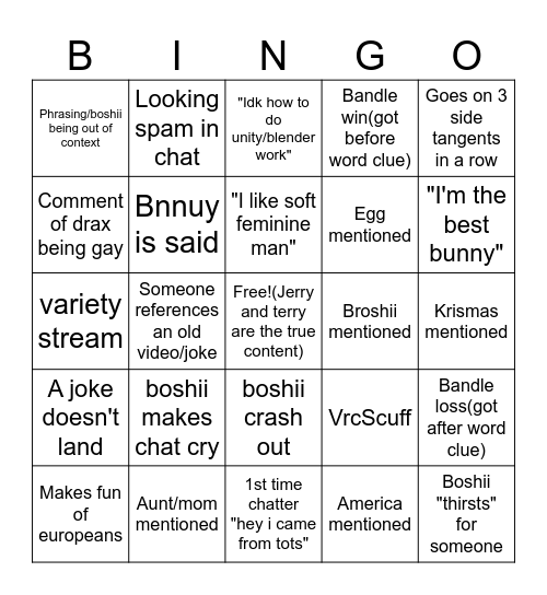 Boshii bingo Card