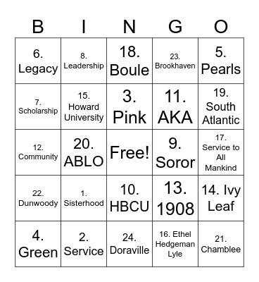 AKA Bingo Card