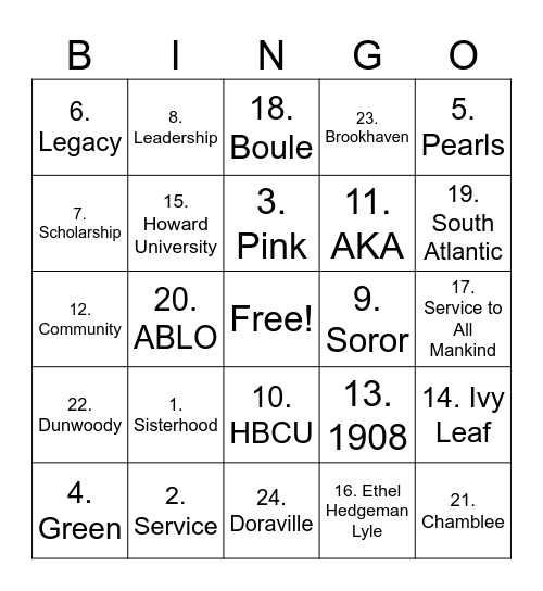 AKA Bingo Card