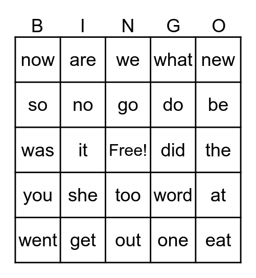 Sightword Bingo Card