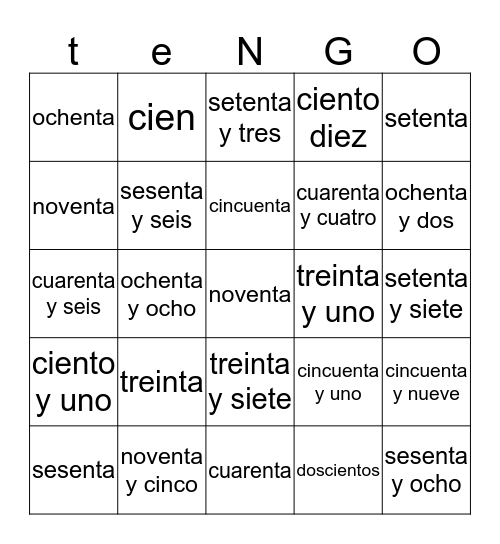 los numeros grandes Bingo Card