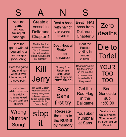 Undertale Bingo Card