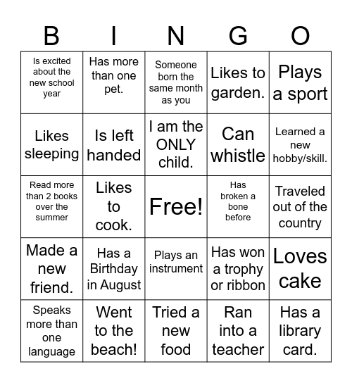 Welcome Back!!! Bingo Card