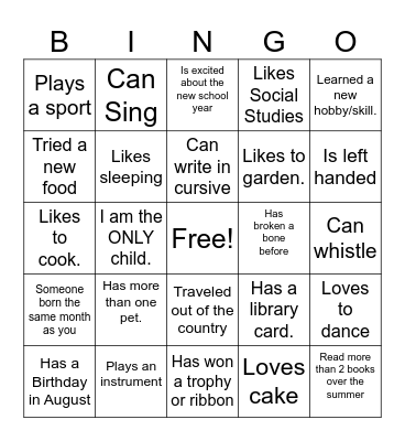 Welcome Back!!! Bingo Card