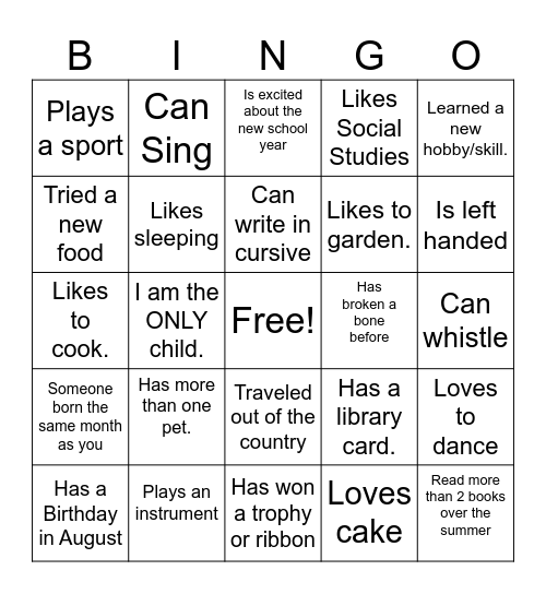 Welcome Back!!! Bingo Card