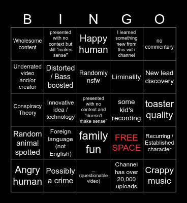 Youtube's Recycle Bin Bingo Card