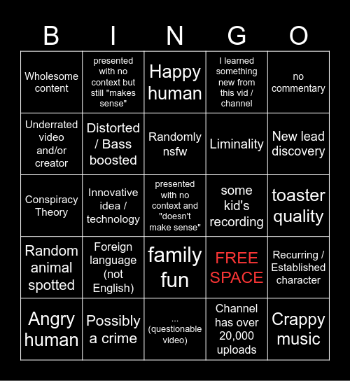 Youtube's Recycle Bin Bingo Card