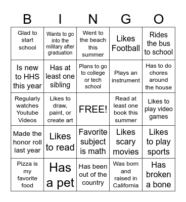 First Day of School Bingo Card