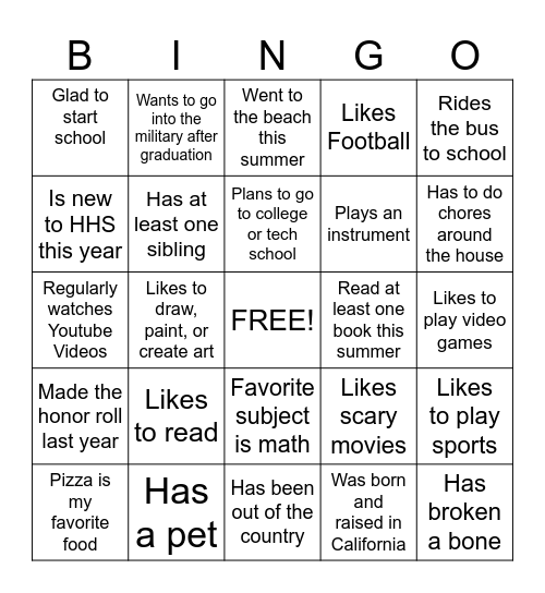 First Day of School Bingo Card