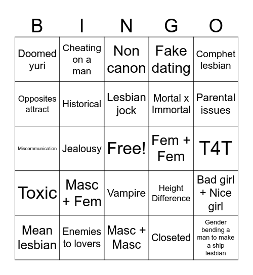 Lesbian trope bingo Card