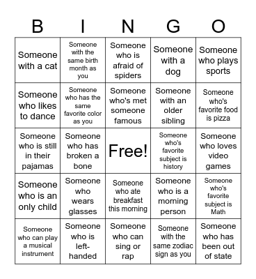 Back to School Bingo Card