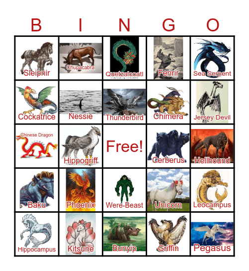 Mythical Creatures Bingo Card