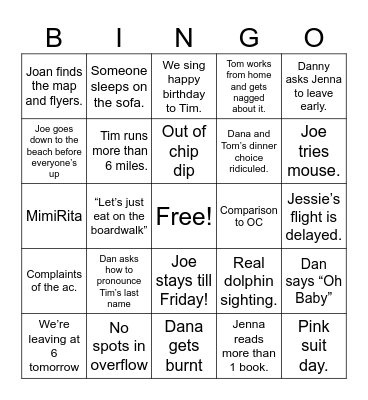 Family Vacation VB Bingo Card