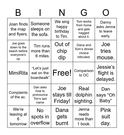 Family Vacation VB Bingo Card