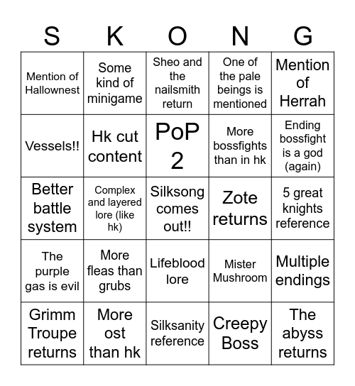 Silksong release bingo Card