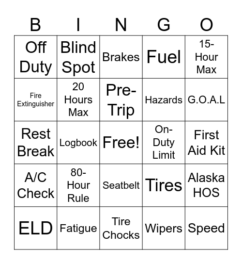 Motor Coach Driver Safety Bingo Card