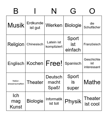 German School Subjects Bingo Card
