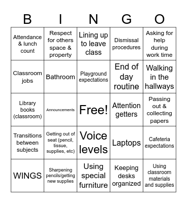 5th Grade Procedures & Routines Bingo Card