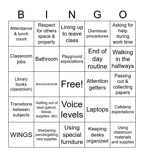 5th Grade Procedures & Routines Bingo Card