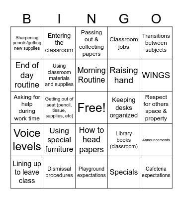 5th Grade Procedures & Routines Bingo Card
