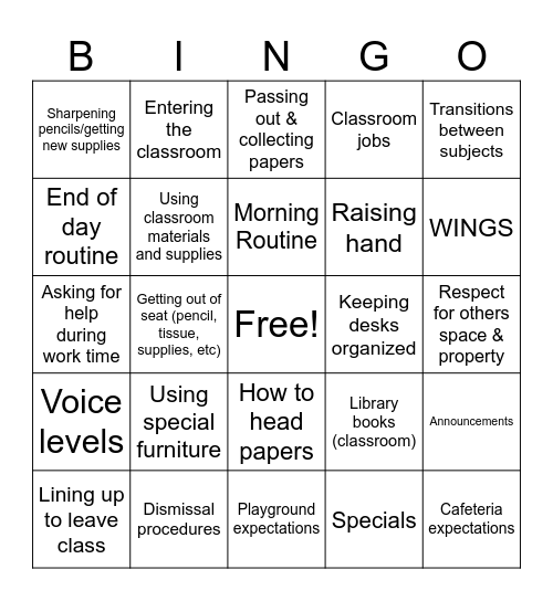 5th Grade Procedures & Routines Bingo Card