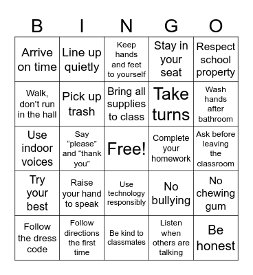 School Rules Bingo Card
