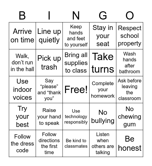 School Rules Bingo Card