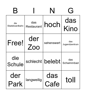German - places and adjectives Bingo Card