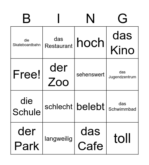 German - places and adjectives Bingo Card