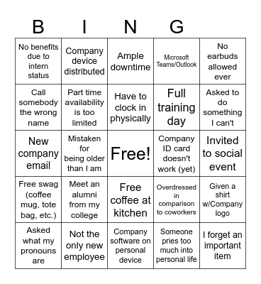 First day on the job Bingo Card