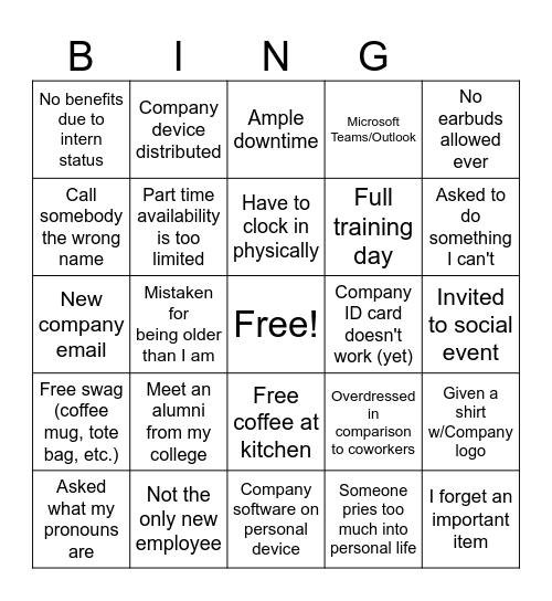 First day on the job Bingo Card