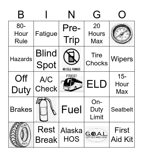 Motor Coach Driver Safety Bingo Card