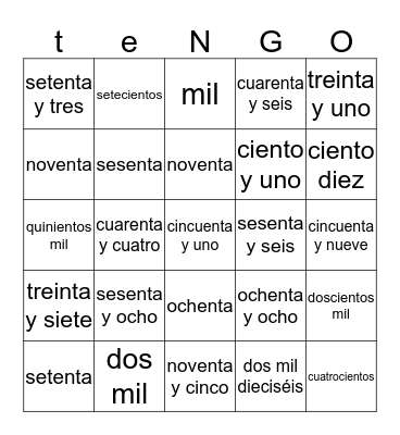 los numeros grandes Bingo Card