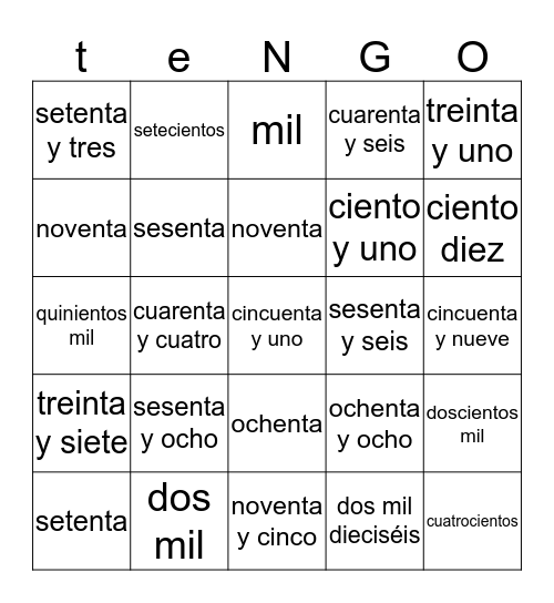 los numeros grandes Bingo Card