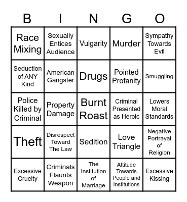 Hays Code Bingo Card